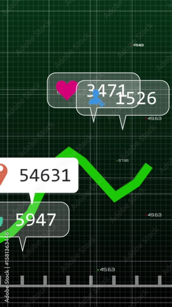 Poster Animation of notification bars over graphs and changing numbers against abstract background