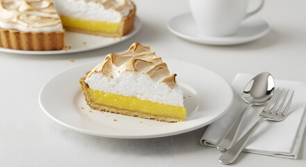 Lemon Meringue Pie Delight: Savor the sweet and tart harmony of a delectable lemon meringue pie, the golden custard filling and fluffy, toasted meringue peaks offer a truly irresistible dessert.