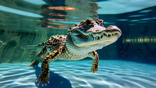 Submerged Alligator: A captivating underwater shot showcases an alligator gliding effortlessly through the turquoise water, its powerful form and watchful eyes revealing its primeval nature.