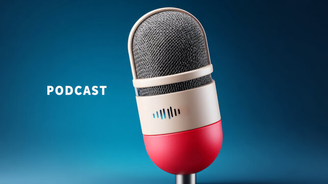 Modern podcast logo reveal with microphone on blue background for creative media design - Powered by Adobe