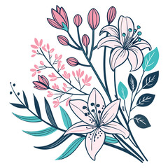 Pink and teal floral arrangement bouquet blue