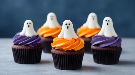 Halloween-themed ghost cupcakes with colorful frosting and spooky design