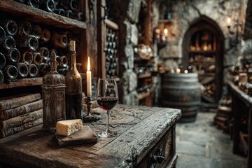 Fototapeta premium Gourmet pairing delight: cheese texture, wine aroma, flavor harmony, culinary ritual, aged variety, vineyard origin, dairy richness, glass swirl, taste profile, cultural tradition, artisan method