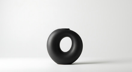 A sleek, minimalist black donut-shaped vase or sculpture with a central circular opening, isolated on a clean white background.
