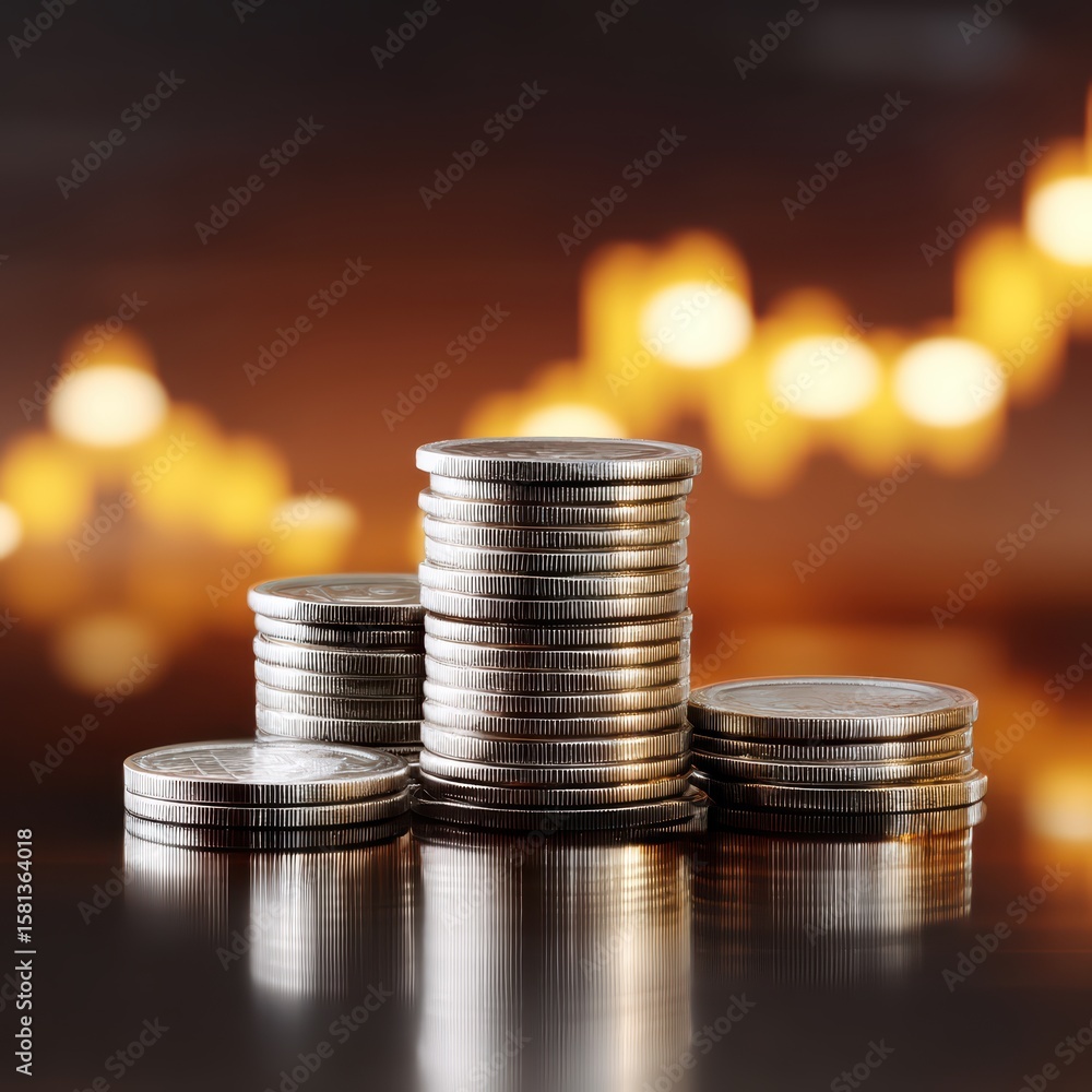 Poster stacked coins with warm bokeh lights in the background