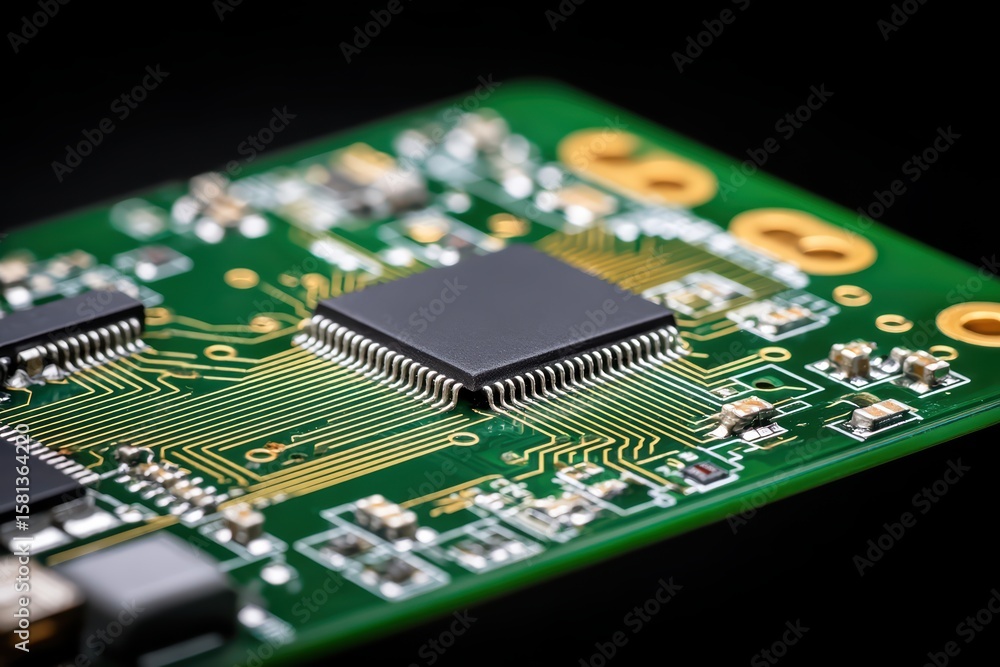 Poster close-up view of circuit board with microchip and electronic components