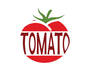 Red tomato with inscription tomato. Vegetable, farming and harvest symbol. Natural organic food. Isolated vector image