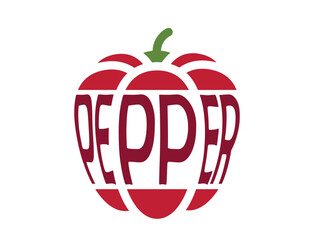 Bell pepper with inscription pepper. Vegetable, planting and harvest symbol. Natural organic food. Isolated vector image