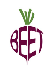Inscription beet in shape of beetroot. Vegetable, planting and harvest symbol. Natural organic food. Isolated vector image