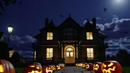 Eerie moonlit mansion with glowing jacko'lanterns and flying bats in night sky