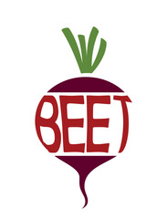 Beetroot with inscription beet. Vegetable, planting and harvest symbol. Natural organic food. Isolated vector image