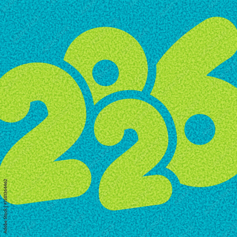 Poster bold green 2026 digits with a soft texture over a vibrant blue background. modern and playful. vecto