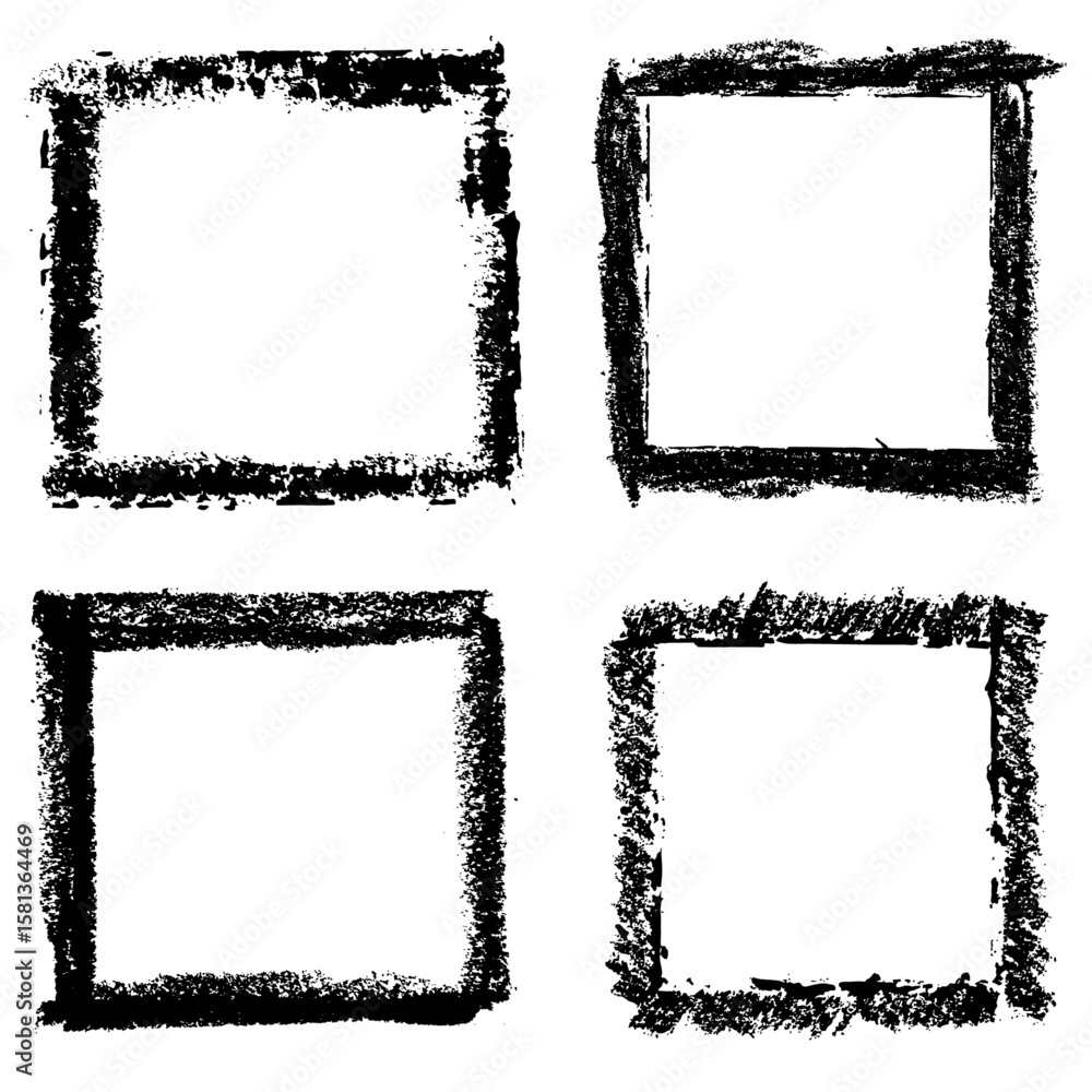 Poster set of hand-drawn grunge square frames with rough textured strokes and ink effect. vector illustrati
