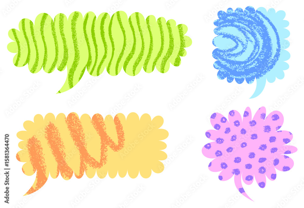 Poster set of four colorful speech bubbles with unique textures and hand-drawn patterns on a white backgrou