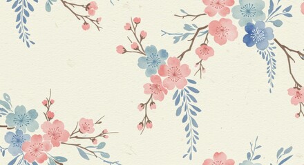 Japanese Traditional Watercolor Pattern with Elegant Floral Motifs and Seamless Design for Vintage Oriental Backgrounds
