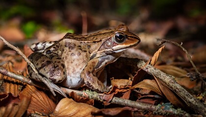 Obraz premium boreal chorus frog blending into the forest floor with dry leaves and twigs