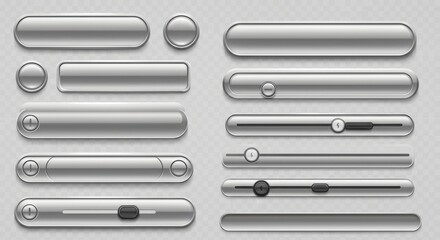 "Set of vector metallic user interface buttons and sliders, glossy chrome and steel textures, futuristic UI/UX components for apps and games — isolated on transparent background"
