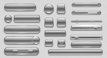 "Set of vector metallic user interface buttons and sliders, glossy chrome and steel textures, futuristic UI/UX components for apps and games — isolated on transparent background"
