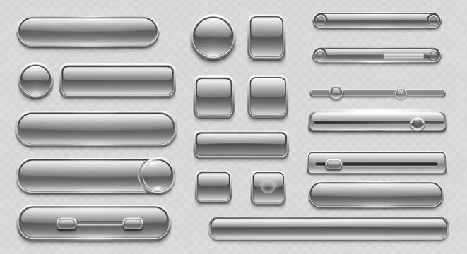 "Set of vector metallic user interface buttons and sliders, glossy chrome and steel textures, futuristic UI/UX components for apps and games &mdash; isolated on transparent background"
