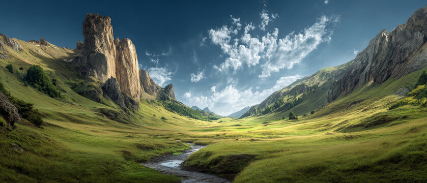 Bright Valley Beneath Jagged Cliffs