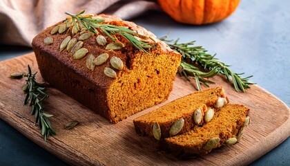delicious homemade pumpkin bread recipe with rosemary on wooden board for fall baking season
