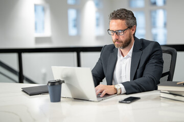 Business worker with laptop at office. Employee remote working in modern office. Business man on...
