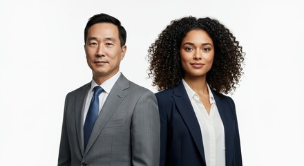 Studio-style portrait of diverse global team — male and female professionals from different ethnicities, realistic lighting, AI-generated photorealistic style, clean white background