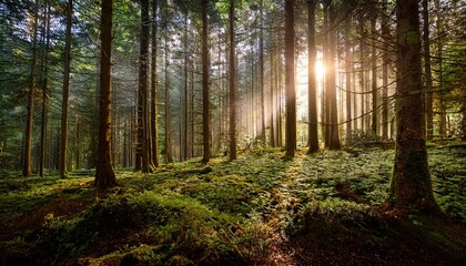 sunlight filters through dense trees in a tranquil forest during midday creating a serene atmosphere in nature