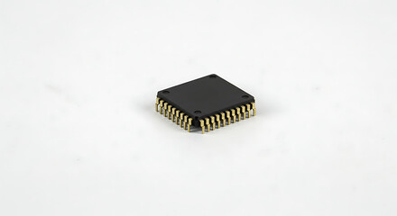 A single black microchip or integrated circuit with gold pins, isolated on a white background, symbolizing technology, electronics, and digital innovation.
