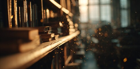 education and reading concept picture of old traditional classic bookshelf at library of university with light rays from window.