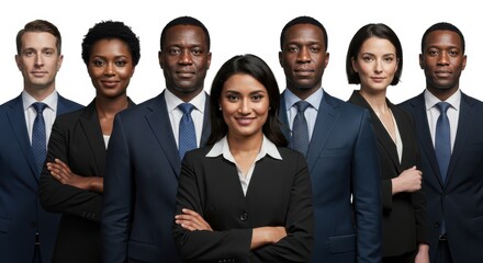 Studio-style portrait of diverse global team — male and female professionals from different ethnicities, realistic lighting, AI-generated photorealistic style, clean white background