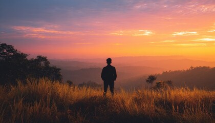 A lonely man is relaxing at beautiful green natural grass field over hill with mountain range at background.