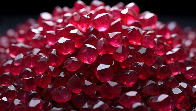 Close up of many faceted ruby red gemstones on a dark background