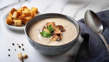 creamy mushroom soup with croutons and drizzle on a marble surface