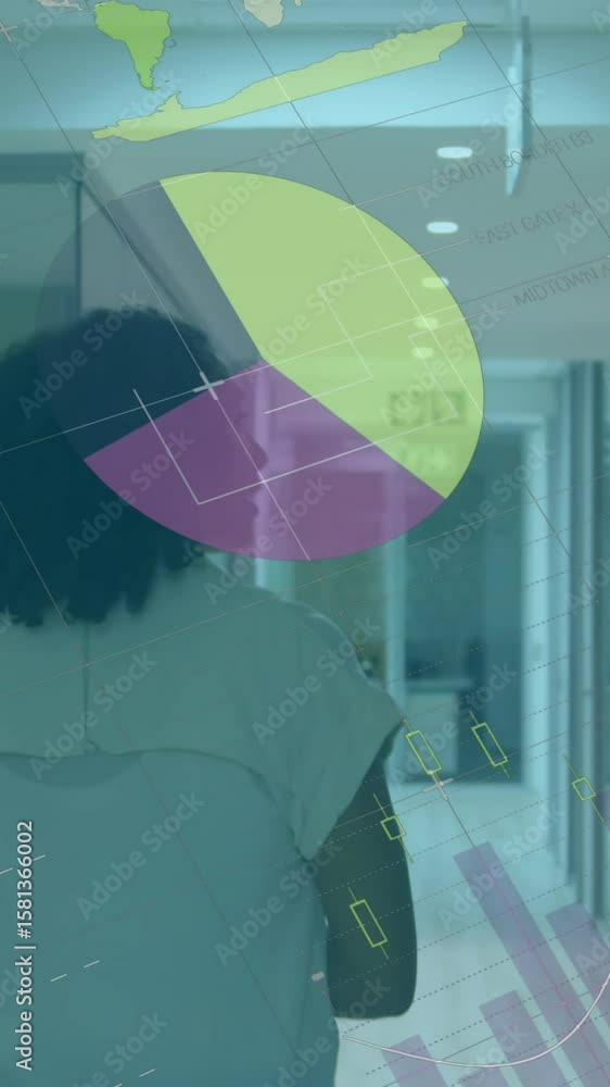 Poster animation of statistical data processing against diverseman and woman discussing in office corridor