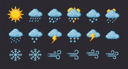 "Colorful pixel art vector icon set of weather elements — sun, rain, clouds, snow, thunder, wind — 8-bit retro style, isolated and grid-aligned for mobile app design"
