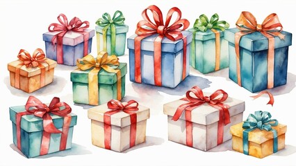 Colorful wrapped gift boxes with ribbons in various sizes  