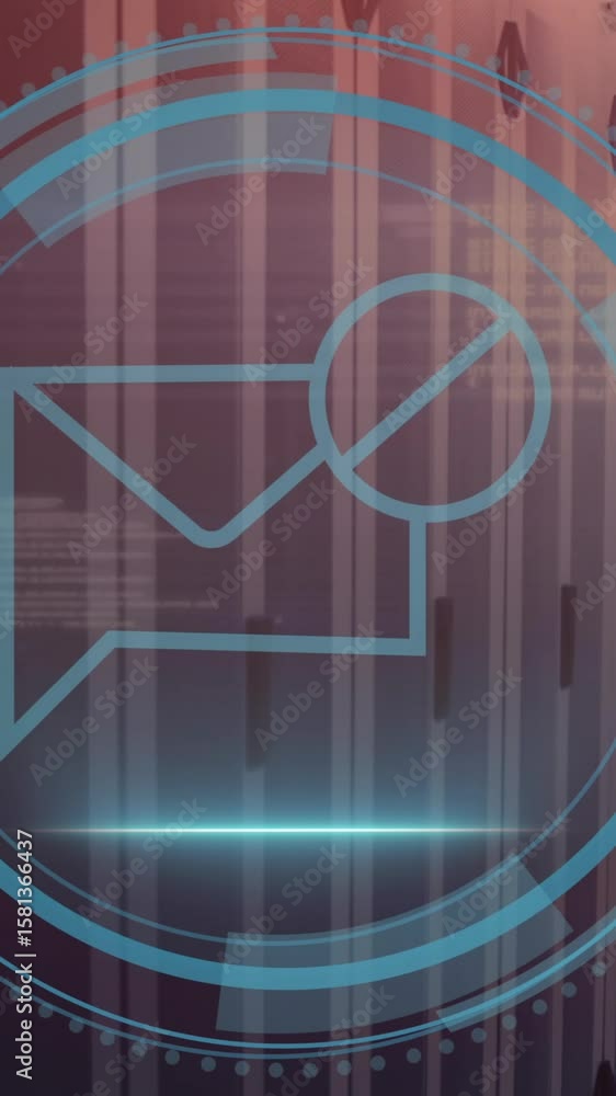 Poster animation of message block icon and round shape in seamless pattern against computer server room