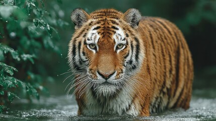 Naklejka premium Tiger wading in shallow water, forest backdrop