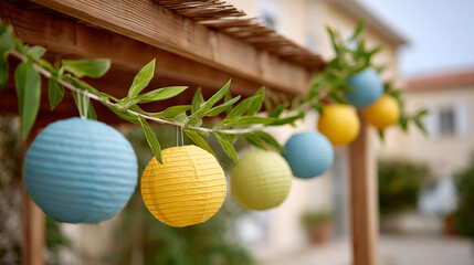 Sukkot sukkah decoration with colorful lanterns, citrus fruits, and greenery for festive celebration