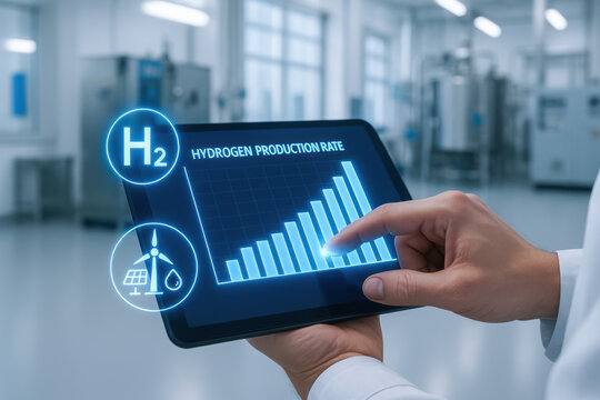 Green hydrogen industrial technology concept with futuristic digital tablet showing hydrogen production rate graph in factory - Powered by Adobe