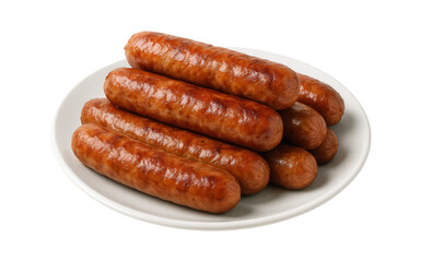 Stack of Juicy Grilled Sausages on White Plate, Perfect for BBQ, Breakfast, or Snack, Isolated on Transparent and White Background