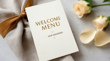 Elegant wedding welcome card flatlay with rose accents and copy space for event design