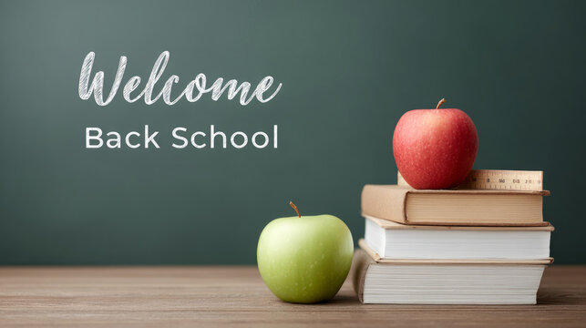 Welcome back to school chalkboard scene with apples and books for educational decor - Powered by Adobe