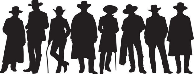 Silhouetted Cowboys Standing Together silhouettes western