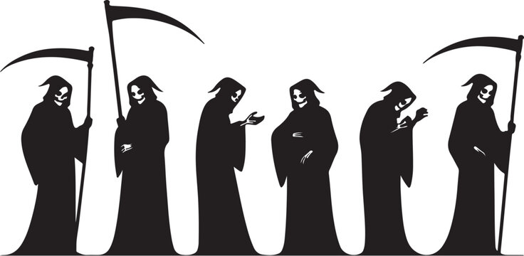 Grim reapers with scythes in silhouette death dark