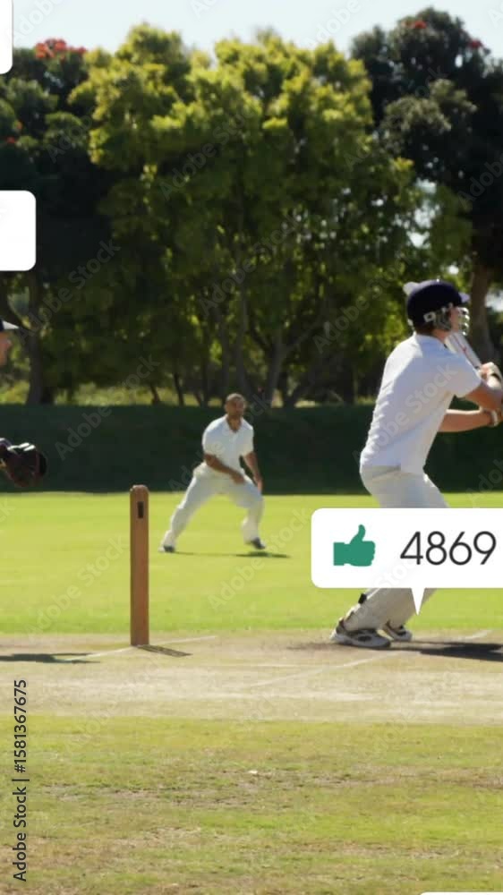 Poster animation of digital data processing over diverse cricketers on field