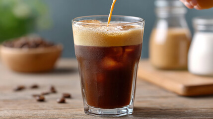 Dynamic cold brew coffee with spinning ice cubes like gears for refreshing summer experience
