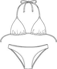 Bikini fashion sketch, halter top and briefs, front view, clothing template, flat vector illustration, garment design, swimwear mockup, stitching detail, white background