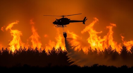 A silhouetted helicopter bravely battles a raging wildfire, dropping water from a bucket onto the intense flames engulfing a pine forest at night. The scene is dramatic and highlights the sc